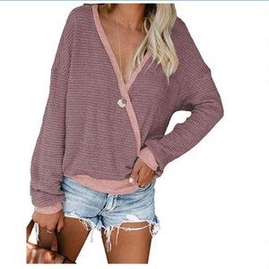 Deep V Neck Wrap Sweater Long Sleeve Waffle Knit